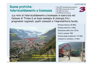 www.firewww.fire--italia.orgitalia.org
Buone pratiche:Buone pratiche:
teleriscaldamento a biomasseteleriscaldamento a biomasse
La rete di teleriscaldamento a biomasse in esercizio nelLa rete di teleriscaldamento a biomasse in esercizio nel
Comune di TiranoComune di Tirano èè un buon esempio di sinergia fra iun buon esempio di sinergia fra i
programmi regionali, quelli comunali e lprogrammi regionali, quelli comunali e l’’imprenditoria locale.imprenditoria locale.
Potenza termica: 20 MWt
Potenza elettrica: 1 MWe
Estensione della rete: 25 km
Utenti connessi: 450
Potenza degli scambiatori: 42 MWt
Volumetria riscaldata: 1,4 Mm3
Potenza termica: 20 MWt
Potenza elettrica: 1 MWe
Estensione della rete: 25 km
Utenti connessi: 450
Potenza degli scambiatori: 42 MWt
Volumetria riscaldata: 1,4 Mm3
fine 1997 presentazione progettofine 1997 presentazione progetto
0505--1999 convenzione terreno1999 convenzione terreno
0909--1999 inizi lavori1999 inizi lavori
1010--2000 prima fattura2000 prima fattura
 