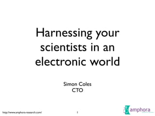 Harnessing your
                           scientists in an
                          electronic world
                                   Simon Coles
                                      CTO


http://www.amphora-research.com/        1
 