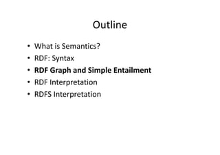 Outline
•   What is Semantics?
•   RDF: Syntax
•   RDF Graph and Simple Entailment
•   RDF Interpretation
•   RDFS Interpretation
 