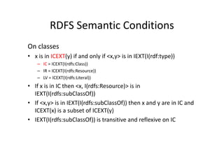 RDFS Semantic Conditions
On classes
• x is in ICEXT(y) if and only if <x,y> is in IEXT(I(rdf:type))
    – IC = ICEXT(I(rdfs:Class))
    – IR = ICEXT(I(rdfs:Resource))
    – LV = ICEXT(I(rdfs:Literal))
• If x is in IC then <x, I(rdfs:Resource)> is in
  IEXT(I(rdfs:subClassOf))
• If <x,y> is in IEXT(I(rdfs:subClassOf)) then x and y are in IC and
  ICEXT(x) is a subset of ICEXT(y)
• IEXT(I(rdfs:subClassOf)) is transitive and reflexive on IC
 