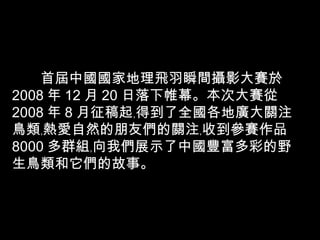 　　首屆中國國家地理飛羽瞬間攝影大賽於 2008 年 12 月 20 日落下帷幕。本次大賽從 2008 年 8 月征稿起﹐得到了全國各地廣大關注鳥類﹐熱愛自然的朋友們的關注﹐收到參賽作品 8000 多群組﹐向我們展示了中國豐富多彩的野生鳥類和它們的故事。  作品選 