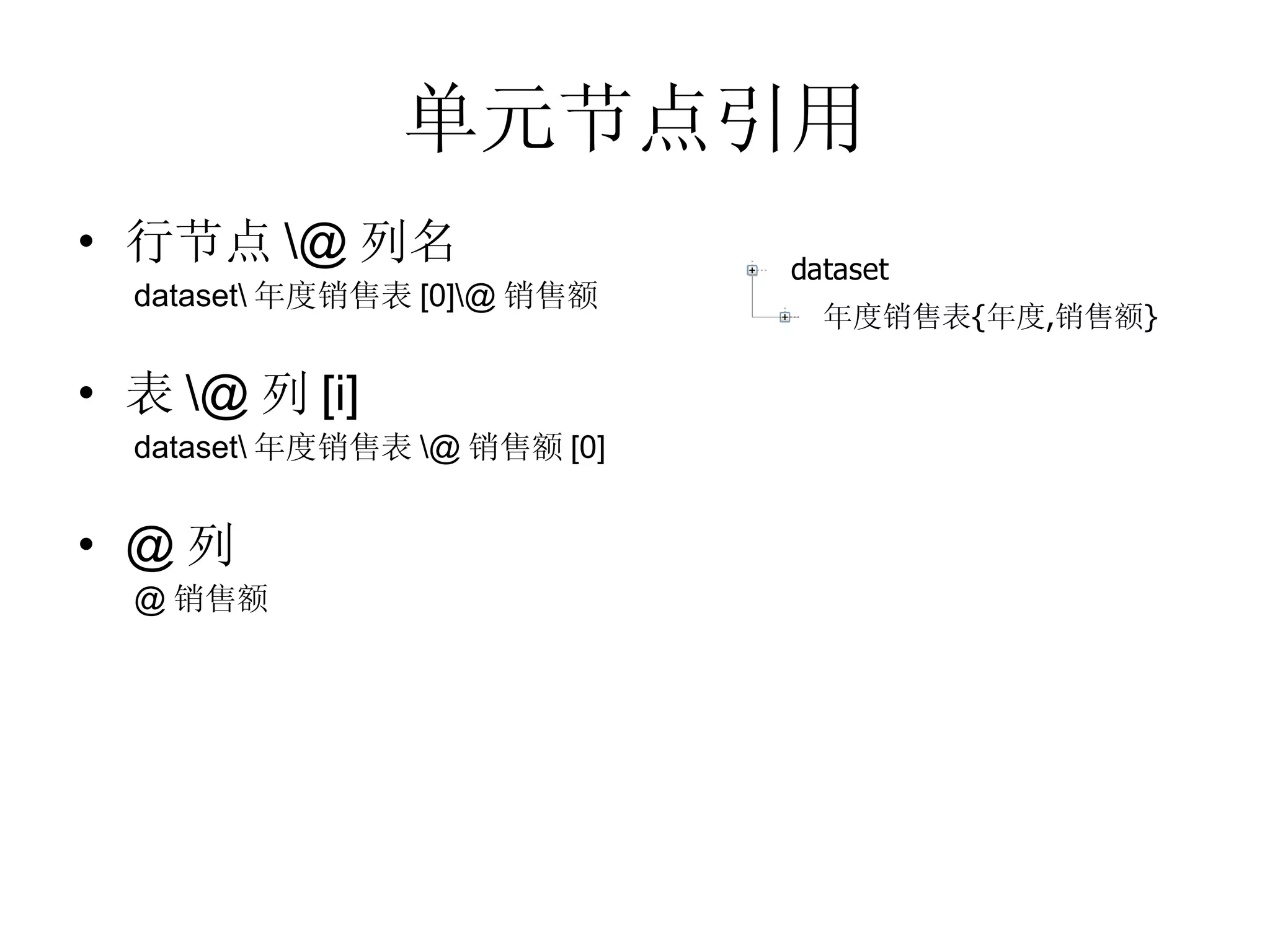 单元节点引用 行节点 \@ 列名     dataset\ 年度销售表 [0]\@ 销售额 表 \@ 列 [i]     dataset\ 年度销售表 \@ 销售额 [0] @ 列     @ 销售额  