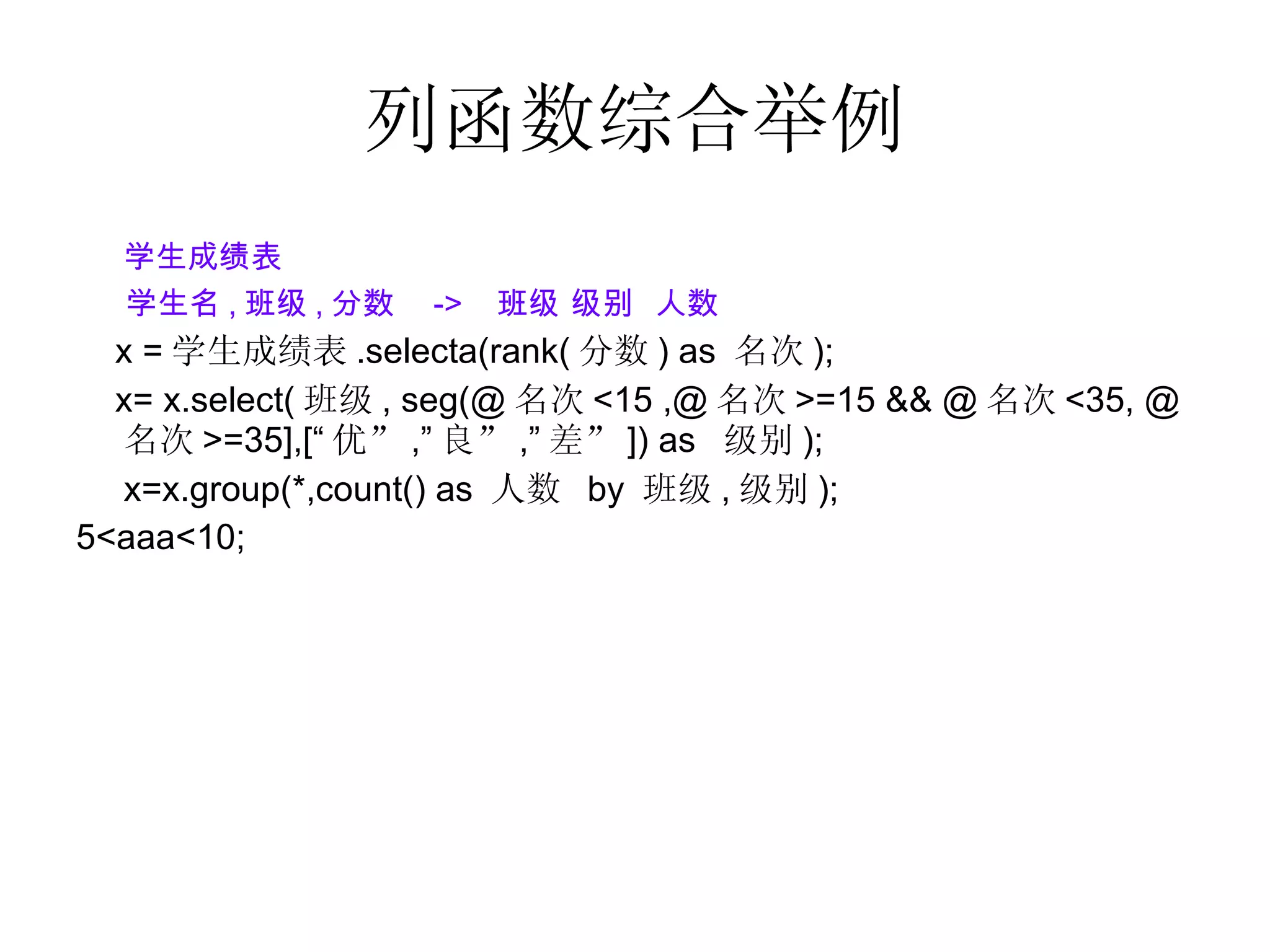 列函数综合举例 学生成绩表 学生名 , 班级 , 分数  ->  班级 级别  人数 x = 学生成绩表 .selecta(rank( 分数 ) as  名次 ); x= x.select( 班级 , seg(@ 名次 <15 ,@ 名次 >=15 && @ 名次 <35, @ 名次 >=35],[“ 优” ,” 良” ,” 差” ]) as  级别 ); x=x.group(*,count() as  人数  by  班级 , 级别 ); 5<aaa<10; 