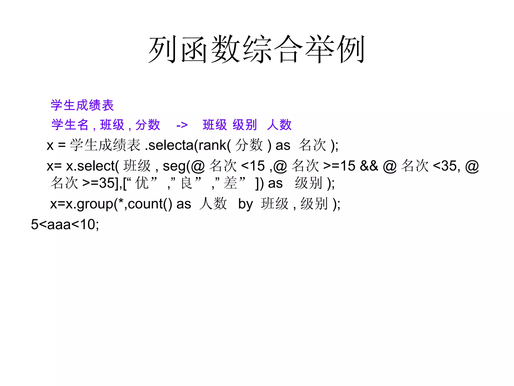 列函数综合举例 学生成绩表 学生名 , 班级 , 分数  ->  班级 级别  人数 x = 学生成绩表 .selecta(rank( 分数 ) as  名次 ); x= x.select( 班级 , seg(@ 名次 <15 ,@ 名次 >=15 && @ 名次 <35, @ 名次 >=35],[“ 优” ,” 良” ,” 差” ]) as  级别 ); x=x.group(*,count() as  人数  by  班级 , 级别 ); 5<aaa<10; 