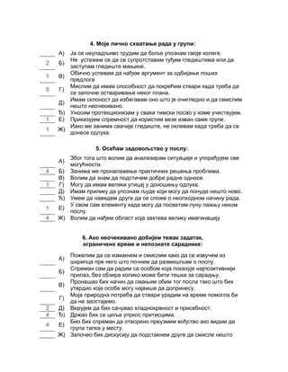 4. Моје лично схватање рада у групи:
    А) Ја се неупадљиво трудим да боље упознам своје колеге.
       Не устежем се да се супротставим туђим гледиштима или да
2   Б)
       заступам гледиште мањине.
       Обично успевам да нађем аргумент за одбијање лоших
1   В)
       предлога
       Мислим да имам способност да покрећем ствари када треба да
5   Г)
       се започне остваривање неког плана.
       Имам склоност да избегавам оно што је очигледно и да смислим
    Д)
       нешто неочекивано.
    Ђ) Уносим протекционизам у сваки тимски посао у коме учествујем.
1   Е) Приказујем спремност да користим везе изван саме групе.
       Иако ме занима свачије гледиште, не оклевам када треба да се
1   Ж)
       донесе одлука.

                 5. Осећам задовољство у послу:
       Због тога што волим да анализирам ситуације и упоређујем све
    А)
       могућности.
4   Б) Занима ме проналажење практичних решења проблема.
    В) Волим да знам да подстичем добре радне односе.
1   Г) Могу да имам велики утицај у доношењу одлука.
    Д) Имам прилику да упознам људе који могу да понуде нешто ново.
    Ђ) Умем да наведем друге да се сложе о неопходном начину рада.
       У свом сам елементу када могу да посветим пуну пажњу неком
1   Е)
       послу.
4   Ж) Волим да нађем област која захтева велику имагинацију


            6. Ако неочекивано добијем тежак задатак,
            ограничено време и непознате сараднике:
       Пожелим да се измакнем и смислим како да се извучем из
    А)
       шкрипца пре него што почнем да размишљам о послу.
       Спреман сам да радим са особом која показује најпозитивнији
    Б)
       прилаз, без обзира колико може бити тешка за сарадњу.
       Пронашао бих начин да смањим обим тог посла тако што бих
    В)
       утврдио које особе могу највише да допринесу.
       Моја природна потреба да ствари урадим на време помогла би
    Г)
       да не заостајемо.
2   Д) Верујем да бих сачувао хладнокрвност и присебност.
4   Ђ) Држао бих се циља упркос притисцима.
       Био бих спреман да отворено преузмем вођство ако видим да
4   Е)
       група тапка у месту.
    Ж) Започео бих дискусију да подстакнем друге да смисле нешто
 