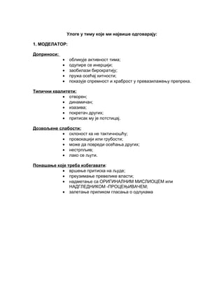 Улоге у тиму које ми највише одговарају:

1. МОДЕЛАТОР:

Доприноси:
             •    oбликује активност тима;
             •    одупире се инерцији;
             •    заобилази бирократију;
             •    пружа осећај хитности;
             •    показује спремност и храброст у превазилажењу препрека.

Типични квалитети:
            • отворен;
            • динамичан;
            • изазива;
            • покретач других;
            • притисак му је потстицај.

Дозвољене слабости:
           • склоност ка не тактичношћу;
           • провокацији или грубости;
           • може да повреди осећања других;
           • нестрпљив;
           • лако се љути.

Понашање које треба избегавати:
           • вршење притиска на људе;
           • преузимање превелике власти;
           • надметање са ОРИГИНАЛНИМ МИСЛИОЦЕМ или
               НАДГЛЕДНИКОМ -ПРОЦЕЊИВАЧЕМ;
           • залетање приликом гласања о одлукама
 