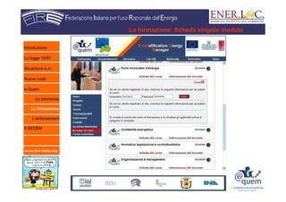www.fire-italia.org
La formazione: Scheda singolo modulo
Introduzione
La legge 10/91
Situazione e.m.
Nuovo ruolo
e-Quem
Le premesse
La formazione
L’endorsement
Il SECEM
 