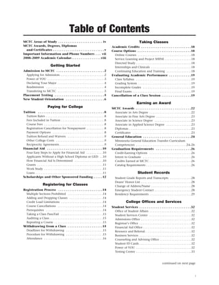 Table of Contents
MCTC Areas of Study  .  .  .  .  .  .  .  .  .  .  .  .  .  .  .  .  .  .  .  .                                  .  .  .  . iv                                              Taking Classes
MCTC Awards, Degrees, Diplomas                                                                                                      Academic Credits  .  .  .  .  .  .  .  .  .  .  .  .  .  .  .  .  .  .  .  .  .  .  .  .  .  .  .18
  and Certificates  .  .  .  .  .  .  .  .  .  .  .  .  .  .  .  .  .  .  .  .  .  .  .                          .  .  .  .  .v     Course Options  .  .  .  .  .  .  .  .  .  .  .  .  .  .  .  .  .  .  .  .  .  .  .  .  .  .  .  .  .18
Important Information and Phone Numbers                                                                          .  .  . vii          Online Courses  .  .  .  .  .  .  .  .  .  .  .  .  .  .  .  .  .  .  .  .  .  .  .  .  .  .  .  .  .  .  .  .18
2008–2009 Academic Calendar  .  .  .  .  .  .  .  .  .  .  .  .  .                                               .  .  . viii         Service Learning and Project SHINE  .  .  .  .  .  .  .  .  .  .  .  .  .  .  .  .18
                                                                                                                                      Directed Study  .  .  .  .  .  .  .  .  .  .  .  .  .  .  .  .  .  .  .  .  .  .  .  .  .  .  .  .  .  .  .  .  .18
                                          Getting Started                                                                             Internships and Clinicals  .  .  .  .  .  .  .  .  .  .  .  .  .  .  .  .  .  .  .  .  .  .  .  .18
Admission to MCTC  .  .  .  .  .  .  .  .  .  .  .  .  .  .  .  .  .  .  .  .  .  .  .  .  .  .2                                      Continuing Education and Training  .  .  .  .  .  .  .  .  .  .  .  .  .  .  .18
  Applying for Admission .  .  .  .  .  .  .  .  .  .  .  .  .  .  .  .  .  .  .  .  .  .  .  .  .  .  .2                           Evaluating Academic Performance  .  .  .  .  .  .  .  .  .  .  .  .19
  Power of YOU  .  .  .  .  .  .  .  .  .  .  .  .  .  .  .  .  .  .  .  .  .  .  .  .  .  .  .  .  .  .  .  .  .  .3                 Class Syllabus  .  .  .  .  .  .  .  .  .  .  .  .  .  .  .  .  .  .  .  .  .  .  .  .  .  .  .  .  .  .  .  .  .19
  Declaring Your Major  .  .  .  .  .  .  .  .  .  .  .  .  .  .  .  .  .  .  .  .  .  .  .  .  .  .  .  .4                           Grading System  .  .  .  .  .  .  .  .  .  .  .  .  .  .  .  .  .  .  .  .  .  .  .  .  .  .  .  .  .  .  .  .19
  Readmission  .  .  .  .  .  .  .  .  .  .  .  .  .  .  .  .  .  .  .  .  .  .  .  .  .  .  .  .  .  .  .  .  .  .  .4               Incomplete Grades  .  .  .  .  .  .  .  .  .  .  .  .  .  .  .  .  .  .  .  .  .  .  .  .  .  .  .  .  .19
  Transfering to MCTC  .  .  .  .  .  .  .  .  .  .  .  .  .  .  .  .  .  .  .  .  .  .  .  .  .  .  .  .5                            Final Exams  .  .  .  .  .  .  .  .  .  .  .  .  .  .  .  .  .  .  .  .  .  .  .  .  .  .  .  .  .  .  .  .  .  .  .19
Placement Testing  .  .  .  .  .  .  .  .  .  .  .  .  .  .  .  .  .  .  .  .  .  .  .  .  .  .  .5                                 Cancellation of a Class Session  .  .  .  .  .  .  .  .  .  .  .  .  .  .  .  .19
New Student Orientation  .  .  .  .  .  .  .  .  .  .  .  .  .  .  .  .  .  .  .  .  .6
                                                                                                                                                                        Earning an Award
                                     Paying for College                                                                             MCTC Awards  .  .  .  .  .  .  .  .  .  .  .  .  .  .  .  .  .  .  .  .  .  .  .  .  .  .  .  .  .  .22
Tuition  .  .  .  .  .  .  .  .  .  .  .  .  .  .  .  .  .  .  .  .  .  .  .  .  .  .  .  .  .  .  .  .  .  .  .  .8                  Associate in Arts Degree  .  .  .  .  .  .  .  .  .  .  .  .  .  .  .  .  .  .  .  .  .  .  .  .  .22
  Tuition Rates  .  .  .  .  .  .  .  .  .  .  .  .  .  .  .  .  .  .  .  .  .  .  .  .  .  .  .  .  .  .  .  .  .  .  .8             Associate in Fine Arts Degree  .  .  .  .  .  .  .  .  .  .  .  .  .  .  .  .  .  .  .  .  .23
  Fees Included in Tuition  .  .  .  .  .  .  .  .  .  .  .  .  .  .  .  .  .  .  .  .  .  .  .  .  .  .8                             Associate in Science Degree  .  .  .  .  .  .  .  .  .  .  .  .  .  .  .  .  .  .  .  .  .  .23
  Course Fees  .  .  .  .  .  .  .  .  .  .  .  .  .  .  .  .  .  .  .  .  .  .  .  .  .  .  .  .  .  .  .  .  .  .  .  .8            Associate in Applied Science Degree  .  .  .  .  .  .  .  .  .  .  .  .  .  .  .23
  Registration Cancellation for Nonpayment  .  .  .  .  .  .  .  .  .  .  .8                                                          Diplomas  .  .  .  .  .  .  .  .  .  .  .  .  .  .  .  .  .  .  .  .  .  .  .  .  .  .  .  .  .  .  .  .  .  .  .  .  .23
  Payment Options  .  .  .  .  .  .  .  .  .  .  .  .  .  .  .  .  .  .  .  .  .  .  .  .  .  .  .  .  .  .  .8                       Certificates  .  .  .  .  .  .  .  .  .  .  .  .  .  .  .  .  .  .  .  .  .  .  .  .  .  .  .  .  .  .  .  .  .  .  .23
  Tuition Refund and Waivers  .  .  .  .  .  .  .  .  .  .  .  .  .  .  .  .  .  .  .  .  .  .9                                     General Education  .  .  .  .  .  .  .  .  .  .  .  .  .  .  .  .  .  .  .  .  .  .  .  .  .  .24
  Other College Costs  .  .  .  .  .  .  .  .  .  .  .  .  .  .  .  .  .  .  .  .  .  .  .  .  .  .  .  .  .9                         Minnesota General Education Transfer Curriculum
  Reciprocity Agreements  .  .  .  .  .  .  .  .  .  .  .  .  .  .  .  .  .  .  .  .  .  .  .  .  .  .  .9                            Competencies  .  .  .  .  .  .  .  .  .  .  .  .  .  .  .  .  .  .  .  .  .  .  .  .  .  .  .  .  .  .24–26
Financial Aid  .  .  .  .  .  .  .  .  .  .  .  .  .  .  .  .  .  .  .  .  .  .  .  .  .  .  .  .  .  .10                           Graduation Requirements  .  .  .  .  .  .  .  .  .  .  .  .  .  .  .  .  .  .  .26
  Four Easy Steps to Apply for Financial Aid  .  .  .  .  .  .  .  .  .  .10                                                          Credit-Earning Options  .  .  .  .  .  .  .  .  .  .  .  .  .  .  .  .  .  .  .  .  .  .  .  .  .26
  Applicants Without a High School Diploma or GED  .  .10                                                                             Intent to Graduate  .  .  .  .  .  .  .  .  .  .  .  .  .  .  .  .  .  .  .  .  .  .  .  .  .  .  .  .  .26
  How Financial Aid Is Determined  .  .  .  .  .  .  .  .  .  .  .  .  .  .  .  .  .10                                                Credits Earned at MCTC  .  .  .  .  .  .  .  .  .  .  .  .  .  .  .  .  .  .  .  .  .  .  .  .  .26
  Grants  .  .  .  .  .  .  .  .  .  .  .  .  .  .  .  .  .  .  .  .  .  .  .  .  .  .  .  .  .  .  .  .  .  .  .  .  .  .  .11       Catalog Requirements  .  .  .  .  .  .  .  .  .  .  .  .  .  .  .  .  .  .  .  .  .  .  .  .  .  .  .26
  Work Study  .  .  .  .  .  .  .  .  .  .  .  .  .  .  .  .  .  .  .  .  .  .  .  .  .  .  .  .  .  .  .  .  .  .  .11
  Loans  .  .  .  .  .  .  .  .  .  .  .  .  .  .  .  .  .  .  .  .  .  .  .  .  .  .  .  .  .  .  .  .  .  .  .  .  .  .  .  .11                                         Student Records
Scholarships and Other Sponsored Funding  .  .  .  .  .12                                                                               Student Grade Reports and Transcripts  .  .  .  .  .  .  .  .  .  .  .  .  .28
                                                                                                                                        Deans’ Honor List  .  .  .  .  .  .  .  .  .  .  .  .  .  .  .  .  .  .  .  .  .  .  .  .  .  .  .  .  .  .28
                              Registering for Classes                                                                                   Change of Address/Name  .  .  .  .  .  .  .  .  .  .  .  .  .  .  .  .  .  .  .  .  .  .  .  .28
Registration Process  .  .  .  .  .  .  .  .  .  .  .  .  .  .  .  .  .  .  .  .  .  .  .  .14                                          Emergency Student Contact  .  .  .  .  .  .  .  .  .  .  .  .  .  .  .  .  .  .  .  .  .  .28
  Multiple Sections Prohibited  .  .  .  .  .  .  .  .  .  .  .  .  .  .  .  .  .  .  .  .  .14                                         Residency Requirements  .  .  .  .  .  .  .  .  .  .  .  .  .  .  .  .  .  .  .  .  .  .  .  .  .29
  Adding and Dropping Classes  .  .  .  .  .  .  .  .  .  .  .  .  .  .  .  .  .  .  .  .14
  Credit Load Limitations  .  .  .  .  .  .  .  .  .  .  .  .  .  .  .  .  .  .  .  .  .  .  .  .  .14                                                   College Offices and Services
  Course Cancellations  .  .  .  .  .  .  .  .  .  .  .  .  .  .  .  .  .  .  .  .  .  .  .  .  .  .  .14                           Student Services  .  .  .  .  .  .  .  .  .  .  .  .  .  .  .  .  .  .  .  .  .  .  .  .  .  .  .  .32
  Prerequisites  .  .  .  .  .  .  .  .  .  .  .  .  .  .  .  .  .  .  .  .  .  .  .  .  .  .  .  .  .  .  .  .  .  .14               Office of Student Affairs  .  .  .  .  .  .  .  .  .  .  .  .  .  .  .  .  .  .  .  .  .  .  .  .  .32
  Taking a Class Pass/Fail  .  .  .  .  .  .  .  .  .  .  .  .  .  .  .  .  .  .  .  .  .  .  .  .  .15                               Student Services Center  .  .  .  .  .  .  .  .  .  .  .  .  .  .  .  .  .  .  .  .  .  .  .  .  .32
  Auditing a Class  .  .  .  .  .  .  .  .  .  .  .  .  .  .  .  .  .  .  .  .  .  .  .  .  .  .  .  .  .  .  .  .15                  Admissions Office  .  .  .  .  .  .  .  .  .  .  .  .  .  .  .  .  .  .  .  .  .  .  .  .  .  .  .  .  .  .32
  Repeating a Course  .  .  .  .  .  .  .  .  .  .  .  .  .  .  .  .  .  .  .  .  .  .  .  .  .  .  .  .  .15                         Registrar’s Office  .  .  .  .  .  .  .  .  .  .  .  .  .  .  .  .  .  .  .  .  .  .  .  .  .  .  .  .  .  .  .32
Withdrawing from a Class  .  .  .  .  .  .  .  .  .  .  .  .  .  .  .  .  .  .  .15                                                   Financial Aid Office  .  .  .  .  .  .  .  .  .  .  .  .  .  .  .  .  .  .  .  .  .  .  .  .  .  .  .  .  .32
  Deadlines for Withdrawing  .  .  .  .  .  .  .  .  .  .  .  .  .  .  .  .  .  .  .  .  .  .15                                       Resource and Referral .  .  .  .  .  .  .  .  .  .  .  .  .  .  .  .  .  .  .  .  .  .  .  .  .  .  .  .32
  Procedure for Withdrawing  .  .  .  .  .  .  .  .  .  .  .  .  .  .  .  .  .  .  .  .  .  .15                                       Business Services  .  .  .  .  .  .  .  .  .  .  .  .  .  .  .  .  .  .  .  .  .  .  .  .  .  .  .  .  .  .  .32
  Attendance  .  .  .  .  .  .  .  .  .  .  .  .  .  .  .  .  .  .  .  .  .  .  .  .  .  .  .  .  .  .  .  .  .  .  .16               Counseling and Advising Office  .  .  .  .  .  .  .  .  .  .  .  .  .  .  .  .  .  .  .32
                                                                                                                                      Student ID Cards  .  .  .  .  .  .  .  .  .  .  .  .  .  .  .  .  .  .  .  .  .  .  .  .  .  .  .  .  .  .  .32
                                                                                                                                      Power of YOU  .  .  .  .  .  .  .  .  .  .  .  .  .  .  .  .  .  .  .  .  .  .  .  .  .  .  .  .  .  .  .  .  .32
                                                                                                                                      Testing Center  .  .  .  .  .  .  .  .  .  .  .  .  .  .  .  .  .  .  .  .  .  .  .  .  .  .  .  .  .  .  .  .  .33


                                                                                                                                                                                                               continued on next page



                                                                                                                                                                                                                                                                  i
 