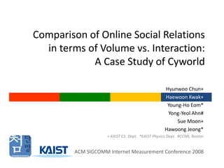 Comparison of Online Social Relations in terms of Volume vs. Interaction: A Case Study of Cyworld Hyunwoo Chun+ HaewoonKwak+ Young-Ho Eom* 				Yong-YeolAhn# Sue Moon+ HawoongJeong* + KAIST CS. Dept.  *KAIST Physics Dept.  #CCNR, Boston ACM SIGCOMM Internet Measurement Conference 2008 