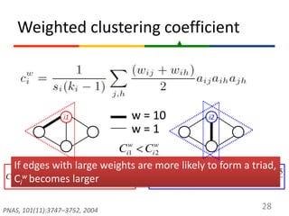 Weighted clustering coefficient<br />28<br />w = 10<br />i1<br />i2<br />w = 1<br />If edges with large weights are more l...