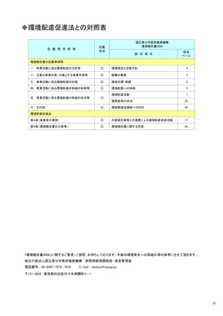 ◆環境配慮促進法との対照表

                                                           国立青少年教育振興機構
                                        記載                   環境報告書2008
            記 載 要 求 事 項
                                        状況                               該当
                                                          該 当 項 目
                                                                         ページ

  環境報告書の記載事項等

  一   事業活動に係る環境配慮の方針等                    ○      環境理念と活動方針                 4

  二   主要な事業内容、対象とする事業年度等                 ○      機構の概要                     3

  三   事業活動に係る環境配慮の計画                     ○      環境目標・実績                   6

  四   事業活動に係る環境配慮の取組の体制等                 ○      環境配慮への体制                  5

                                                環境配慮活動                    7
  五   事業活動に係る環境配慮の取組の状況等                 ○
                                                環境負荷の状況                  22

  六   その他                                ○      環境関連法規制への対応              20

  環境配慮促進法

  第４条（事業者の責務）                            ○      外部委託業者との連携による環境配慮促進活動    17

  第９条（環境報告書の公表等）                         ○      環境報告書に関する所見              24




｢環境報告書2008」に関するご意見・ご感想、お待ちしております。今後の環境保全への取組み等の参考にさせて頂きます。
独立行政法人国立青少年教育振興機構 財務部経理課施設 ・資産管理室
電話番号：03-6407-7672 ･ 7676   E-mail： kankyo@niye.go.jp

〒151-0052 東京都渋谷区代々木神園町3－1




                                                                               25
 