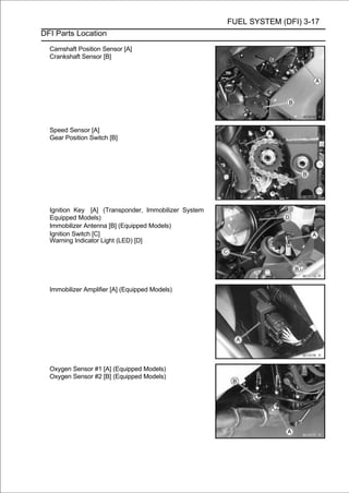 FUEL SYSTEM (DFI) 3-17
DFI Parts Location

  Camshaft Position Sensor [A]
  Crankshaft Sensor [B]




  Speed Sensor [A]
  Gear Position Switch [B]




  Ignition Key [A] (Transponder, Immobilizer System
  Equipped Models)
  Immobilizer Antenna [B] (Equipped Models)
  Ignition Switch [C]
  Warning Indicator Light (LED) [D]




  Immobilizer Amplifier [A] (Equipped Models)




  Oxygen Sensor #1 [A] (Equipped Models)
  Oxygen Sensor #2 [B] (Equipped Models)
 