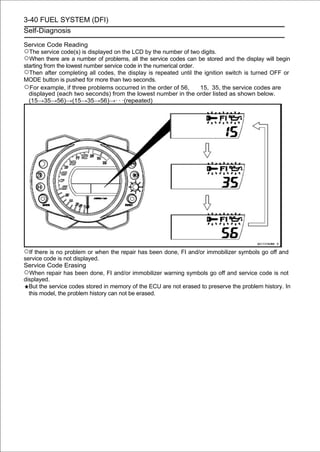 3-40 FUEL SYSTEM (DFI)
Self-Diagnosis

Service Code Reading
○The service code(s) is displayed on the LCD by the number of two digits.
○When there are a number of problems, all the service codes can be stored and the display will begin
starting from the lowest number service code in the numerical order.
○Then after completing all codes, the display is repeated until the ignition switch is turned OFF or
MODE button is pushed for more than two seconds.
○For example, if three problems occurred in the order of 56, 15, 35, the service codes are
  displayed (each two seconds) from the lowest number in the order listed as shown below.
  (15→35→56)→(15→35→56)→· · ·(repeated)




○If there is no problem or when the repair has been done, FI and/or immobilizer symbols go off and
service code is not displayed.
Service Code Erasing
○When repair has been done, FI and/or immobilizer warning symbols go off and service code is not
displayed.
  But the service codes stored in memory of the ECU are not erased to preserve the problem history. In
  this model, the problem history can not be erased.
 