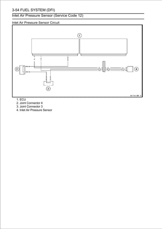 3-54 FUEL SYSTEM (DFI)
Inlet Air Pressure Sensor (Service Code 12)

Inlet Air Pressure Sensor Circuit




   1. ECU
   2. Joint Connector 4
   3. Joint Connector 3
   4. Inlet Air Pressure Sensor
 