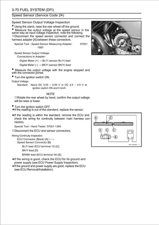3-70 FUEL SYSTEM (DFI)
Speed Sensor (Service Code 24)

Speed Sensor Output Voltage Inspection
• Using the stand, raise the rear wheel off the ground.
• Measure the output voltage at the speed sensor in the
same way as input voltage inspection, note the following.
○Disconnect the speed sensor connector and connect the
harness adapter [A] between these connectors.
    Special Tool - Speed Sensor Measuring Adapter:        57001
                      -1667

    Speed Sensor Output Voltage
      Connections to Adapter:
        Digital Meter (+) → BL/Y (sensor BL/Y) lead
        Digital Meter (-) → BK/Y (sensor BK/Y) lead

• Measure the output voltage with the engine stopped and
with the connector joined.
• Turn the ignition switch ON.
Output Voltage
    Standard: About DC 0.05 ∼ 0.09 V or DC 4.5 ∼ 4.9 V at
               ignition switch ON and 0 km/h

                              NOTE
    ○Rotate the rear wheel by hand, confirm the output voltage
    will be raise or lower.
• Turn the ignition switch OFF.
    If the reading is out of the standard, replace the sensor.
    If the reading is within the standard, remove the ECU and
    check the wiring for continuity between main harness con-
    nectors.
    Special Tool - Hand Tester: 57001-1394
○Disconnect the ECU and sensor connectors.
Wiring Continuity Inspection
     ECU Connector (Black) [A] ←→
     Speed Sensor Connector [B]
          BL/Y lead (ECU terminal 12) [C]
          BK/Y lead [D]
          BR/BK lead (ECU terminal 34) [E]
    If the wiring is good, check the ECU for its ground and
    power supply (see ECU Power Supply Inspection).
    If the ground and power supply are good, replace the ECU
    (see ECU Removal/Installation).
 