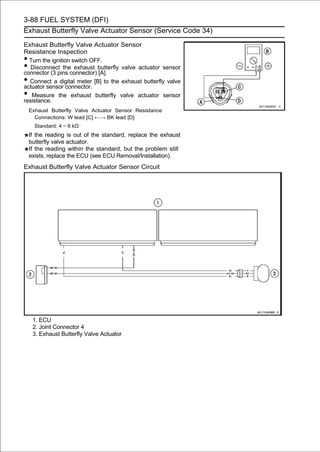 3-88 FUEL SYSTEM (DFI)
Exhaust Butterfly Valve Actuator Sensor (Service Code 34)

Exhaust Butterfly Valve Actuator Sensor
Resistance Inspection
• Turn the ignition switch OFF.
•  Disconnect the exhaust butterfly valve actuator sensor
connector (3 pins connector) [A].
• Connect a digital meter [B] to the exhaust butterfly valve
actuator sensor connector.
•  Measure the exhaust butterfly valve actuator sensor
resistance.
    Exhaust Butterfly Valve Actuator Sensor Resistance
      Connections: W lead [C] ←→ BK lead [D]
      Standard: 4 ∼ 6 kΩ
    If the reading is out of the standard, replace the exhaust
    butterfly valve actuator.
    If the reading within the standard, but the problem still
    exists, replace the ECU (see ECU Removal/Installation).
Exhaust Butterfly Valve Actuator Sensor Circuit




     1. ECU
     2. Joint Connector 4
     3. Exhaust Butterfly Valve Actuator
 