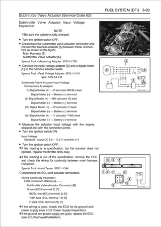 FUEL SYSTEM (DFI) 3-99
Subthrottle Valve Actuator (Service Code 62)

Subthrottle Valve Actuator Input Voltage
Inspection
                            NOTE
  ○Be sure the battery is fully charged.
• Turn the ignition switch OFF.
• connect the harness adapter [A] between these connec-
   Disconnect the subthrottle valve actuator connector and

  tors as shown in the figure.
   Main Harness [B]
   Subthrottle Valve Actuator [C]
  Special Tool - Measuring Adapter: 57001-1700

• [E] to the the peak adapter adapter [D] and a digital meter
   Connect
             harness
                      voltage
                              leads.
  Special Tool - Peak Voltage Adapter: 57001-1415
                  Type: KEK-54-9-B

  Subthrottle Valve Actuator Input Voltage
    Connections to Adapter:
      (I) Digital Meter (+) → R (actuator BK/BL) lead
          Digital Meter (-) → Battery (-) terminal
     (II) Digital Meter (+) → BK (actuator G) lead
          Digital Meter (-) → Battery (-) terminal
     (III) Digital Meter (+) → W (actuator P) lead
          Digital Meter (-) → Battery (-) terminal
     (IV) Digital Meter (+) → Y (actuator Y/BK) lead
          Digital Meter (-) → Battery (-) terminal

• stopped and with the connectorvoltage
   Measure the actuator input
                                 joined.
                                              with the engine

• Turn the ignition switch ON.
  Input Voltage
    Standard: About DC 8.5 ∼ 10.5 V, and then 0 V

• Turn the ignition switch OFF.
  If the reading is in specification, but the actuator does not
  operate, replace the throttle body assy.
  If the reading is out of the specification, remove the ECU
  and check the wiring for continuity between main harness
  connector.
  Special Tool - Hand Tester: 57001-1394
○Disconnect the ECU and actuator connectors.
  Wiring Continuity Inspection
   ECU Connector (Black) [A] ←→
      Subthrottle Valve Actuator Connector [B]
      G lead (ECU terminal 2) [C]
        BK/BL lead (ECU terminal 3) [D]
        Y/BK lead (ECU terminal 19) [E]
        P lead (ECU terminal 20) [F]
  If the wiring is good, check the ECU for its ground and
  power supply (see ECU Power Supply Inspection).
  If the ground and power supply are good, replace the ECU
  (see ECU Removal/Installation).
 