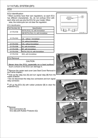 3-114 FUEL SYSTEM (DFI)
ECU

ECU Identification
○Most countries have their own regulations, so each ECU
has different characteristic. So, do not confuse ECU with
each other and use only the ECU for your model. Other-
  wise, the motorcycle can not clear the regulation.
ECU Identification
Part Number [A]                     Specification
                     WVTA (FULL H), with Immobilizer
   21175-0158
                     GB WVTA (FULL H), with Immobilizer


   21175-0163        US, without Immobilizer
                     CA, without Immobilizer
   21175-0164        CAL, without Immobilizer
   21175-0188        AU, with Immobilizer
   21175-0189        MY, with Immobilizer
   21175-0190        WVTA (78.2 H), with Immobilizer
   21175-0192        SEA, with Immobilizer

ECU Removal
                           CAUTION
  Never drop the ECU, especially on a hard surface.
  Such a shock to the ECU can damage it.

• Remove chapter). seat cover (see Seat Cover Removal in
the Frame
            the center

• Pull protector. box [A] and turn signal relay [B] from the
rubber
       out the relay

○Do not disconnect the relay box connectors and turn signal
relay connector.

• Lift up the ECU [A] with rubber protector [B] to clear the
projections [C].




• Remove:
   ECU Connectors [A]
   ECU [B] (with Rubber Protector [C])
 