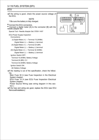 3-116 FUEL SYSTEM (DFI)
ECU

 If the wiring is good, check the power source voltage of
 the ECU.
                           NOTE
 ○Be sure the battery is fully charged.
• Connect the ECU connectors.
• Connect a digital meter [A] to the connector [B] with the
needle adapter set.
 Special Tool - Needle Adapter Set: 57001-1457

 ECU Power Supply Inspection
   Connections:
     (I) Digital Meter (+) → Terminal 15 (W/BK)
         Digital Meter (-) → Battery (-) terminal
     (II) Digital Meter (+) → Terminal 24 (BR)
         Digital Meter (-) → Battery (-) terminal
    (III) Digital Meter (+) → Terminal 32 (W/BK)
         Digital Meter (-) → Battery (-) terminal
    Ignition Switch OFF:
     Terminal 15 (W/BK): Battery Voltage
     Terminal 24 (BR): 0 V
     Terminal 32 (W/BK): Battery Voltage
    Ignition Switch ON:
     All: Battery Voltage
 If the reading is out of the specification, check the follow-
 ing.
   Main Fuse 30 A (see Fuse Inspection in the Electrical
   System chapter)
   ECU Fuse 10 A (see ECU Fuse Inspection Electrical
   System chapter)
   Power Source Wiring (see wiring diagram in this sec-
   tion )
 If the fuse and wiring are good, replace the ECU (see ECU
 Removal/Installation).
 