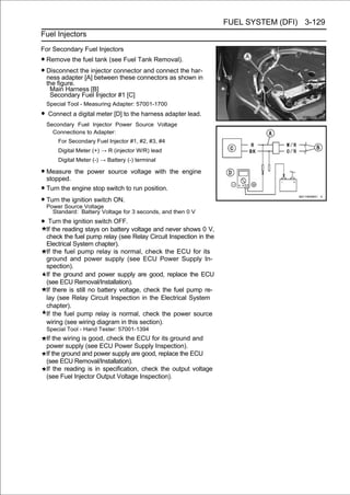 FUEL SYSTEM (DFI) 3-129
Fuel Injectors
For Secondary Fuel Injectors
• Remove the fuel tank (see Fuel Tank Removal).
• Disconnect the injector connector and connectshown in
  ness adapter [A] between these connectors as
                                                the har-
 the figure.
  Main Harness [B]
  Secondary Fuel Injector #1 [C]
 Special Tool - Measuring Adapter: 57001-1700

• Connect a digital meter [D] to the harness adapter lead.
 Secondary Fuel Injector Power Source Voltage
   Connections to Adapter:
      For Secondary Fuel Injector #1, #2, #3, #4
      Digital Meter (+) → R (injector W/R) lead
      Digital Meter (-) → Battery (-) terminal

• Measure the power source voltage with the engine
  stopped.
• Turn the engine stop switch to run position.
• Turn the ignition switch ON.
  Power Source Voltage
    Standard: Battery Voltage for 3 seconds, and then 0 V

• Turn the ignition switch OFF.
 If the reading stays on battery voltage and never shows 0 V,
 check the fuel pump relay (see Relay Circuit Inspection in the
 Electrical System chapter).
 If the fuel pump relay is normal, check the ECU for its
 ground and power supply (see ECU Power Supply In-
 spection).
 If the ground and power supply are good, replace the ECU
 (see ECU Removal/Installation).
 If there is still no battery voltage, check the fuel pump re-
 lay (see Relay Circuit Inspection in the Electrical System
 chapter).
 If the fuel pump relay is normal, check the power source
 wiring (see wiring diagram in this section).
 Special Tool - Hand Tester: 57001-1394
 If the wiring is good, check the ECU for its ground and
 power supply (see ECU Power Supply Inspection).
 If the ground and power supply are good, replace the ECU
 (see ECU Removal/Installation).
 If the reading is in specification, check the output voltage
 (see Fuel Injector Output Voltage Inspection).
 