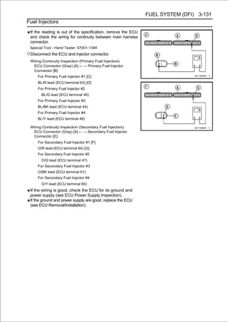 FUEL SYSTEM (DFI) 3-131
Fuel Injectors

 If the reading is out of the specification, remove the ECU
 and check the wiring for continuity between main harness
 connector.
 Special Tool - Hand Tester: 57001-1394
○Disconnect the ECU and injector connector.
 Wiring Continuity Inspection (Primary Fuel Injectors)
   ECU Connector (Gray) [A] ←→ Primary Fuel Injector
   Connector [B]
     For Primary Fuel Injector #1 [C]
     BL/R lead (ECU terminal 63) [D]
     For Primary Fuel Injector #2
       BL/G lead (ECU terminal 46)
     For Primary Fuel Injector #3
     BL/BK lead (ECU terminal 44)
     For Primary Fuel Injector #4
     BL/Y lead (ECU terminal 48)

 Wiring Continuity Inspection (Secondary Fuel Injectors)
   ECU Connector (Gray) [A] ←→ Secondary Fuel Injector
   Connector [E]
     For Secondary Fuel Injector #1 [F]
     O/R lead (ECU terminal 64) [G]
     For Secondary Fuel Injector #2
       O/G lead (ECU terminal 47)
     For Secondary Fuel Injector #3
     O/BK lead (ECU terminal 61)
     For Secondary Fuel Injector #4
       O/Y lead (ECU terminal 65)
 If the wiring is good, check the ECU for its ground and
 power supply (see ECU Power Supply Inspection).
 If the ground and power supply are good, replace the ECU
 (see ECU Removal/Installation).
 