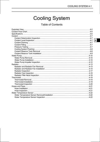 COOLING SYSTEM 4-1




                                       Cooling System
                                                      Table of Contents
Exploded View................................................................................................................................4-2
Coolant Flow Chart.........................................................................................................................4-4
Specifications ................................................................................................................................4-6
Coolant ..........................................................................................................................................4-7
   Coolant Deterioration Inspection................................................................................................4-7
   Coolant Level Inspection...........................................................................................................4-7               4
   Coolant Draining .......................................................................................................................4-7
   Coolant Filling ..........................................................................................................................4-7
   Pressure Testing ......................................................................................................................4-7
   Cooling System Flushing ..........................................................................................................4-8
   Coolant Reserve Tank Removal ...............................................................................................4-8
   Coolant Reserve Tank Installation .............................................................................................4-9
Water Pump.................................................................................................................................4-10
   Water Pump Removal.............................................................................................................4-10
   Water Pump Installation...........................................................................................................4-10
   Water Pump Impeller Inspection..............................................................................................4-12
Radiator........................................................................................................................................4-13
   Radiator and Radiator Fan Removal .......................................................................................4-13
   Radiator and Radiator Fan Installation ....................................................................................4-14
   Radiator Inspection..................................................................................................................4-17
   Radiator Cap Inspection .........................................................................................................4-18
   Radiator Filler Neck Inspection................................................................................................4-18
Thermostat ..................................................................................................................................4-19
   Thermostat Removal...............................................................................................................4-19
   Thermostat Installation............................................................................................................4-19
   Thermostat Inspection ............................................................................................................4-20
Hoses and Pipes ..........................................................................................................................4-21
   Hose Installation .....................................................................................................................4-21
   Hose Inspection ......................................................................................................................4-21
Water Temperature Sensor ..........................................................................................................4-22
   Water Temperature Sensor Removal/Installation ....................................................................4-22
   Water Temperature Sensor Inspection ....................................................................................4-22
 