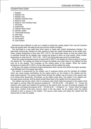 COOLING SYSTEM 4-5
Coolant Flow Chart

   1. Radiator
   2. Radiator Fan
   3. Radiator Cap
   4. Radiator Overflow Hose
   5. Reserve Tank
   6. Reserve Tank Overflow Hose
   7. Oil Cooler
   8. Outlet Hose
   9. Cylinder Head Jacket
  10. Cylinder Jacket
  11. Thermostat Housing
  12. Inlet Hose
  13. Water Pump
  14. Hot Coolant
  15. Cold Coolant

  Permanent type antifreeze is used as a coolant to protect the cooling system from rust and corrosion.
When the engine starts, the water pump turns and the coolant circulates.
  The thermostat is a wax pellet type which opens or closes with coolant temperature changes. The
thermostat continuously changes its valve opening to keep the coolant temperature at the proper level.
When coolant temperature is less than 55°C (131°F), the thermostat closes so that the coolant flow
is restricted through the air bleeder hole, causing the engine to warm up more quickly. When coolant
temperature is more than 58 ∼ 62°C (136 ∼ 144°F), the thermostat opens and the coolant flows.
  When the coolant temperature goes up beyond 95°C (203°F), the radiator fan relay conducts to operate
the radiator fan. The radiator fan draws air through the radiator core when there is not sufficient air flow
such as at low speeds. This increases up the cooling action of the radiator. When the coolant
temperature is below 90°C (194°F), the fan relay opens and the radiator fan stops.
  In this way, this system controls the engine temperature within narrow limits where the engine operates
most efficiently even if the engine load varies.
  The system is pressurized by the radiator cap to suppress boiling and the resultant air bubbles
which can cause engine overheating. As the engine warms up, the coolant in the radiator and the
water jacket expands. The excess coolant flows through the radiator cap and hose to the reserve tank
to be stored there temporarily. Conversely, as the engine cools down, the coolant in the radiator and
the water jacket contracts, and the stored coolant flows back to the radiator from the reserve tank.
  The radiator cap has two valves. One is a pressure valve which holds the pressure in the system when
the engine is running. When the pressure exceeds 93 ∼ 123 kPa (0.95 ∼ 1.25 kgf/cm², 13 ∼ 18 psi), the
pressure valve opens and releases the pressure to the reserve tank. As soon as pressure escapes, the
valve closes, and keeps the pressure at 93 ∼ 123 kPa (0.95 ∼ 1.25 kgf/cm², 13 ∼ 18 psi). When the engine
cools down, another small valve (vacuum valve) in the cap opens. As the coolant cools, the coolant
contracts to form a vacuum in the system. The vacuum valve opens and allows the coolant from the
reserve tank to enter the radiator.
 