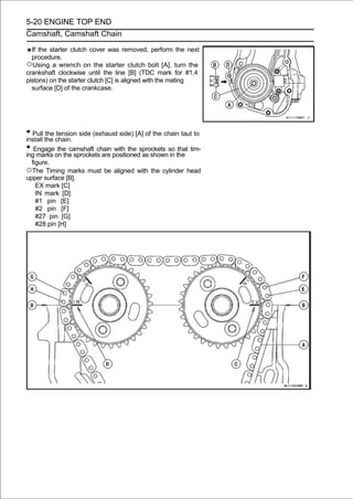 5-20 ENGINE TOP END
Camshaft, Camshaft Chain

  If the starter clutch cover was removed, perform the next
  procedure.
○Using a wrench on the starter clutch bolt [A], turn the
crankshaft clockwise until the line [B] (TDC mark for #1,4
pistons) on the starter clutch [C] is aligned with the mating
  surface [D] of the crankcase.




• Pull the chain. side (exhaust side) [A] of the chain taut to
install
        the tension

• Engageon the sprockets are positionedsprockets so the tim-
ing marks
             the camshaft chain with the
                                         as shown in
                                                      that

  figure.
○The Timing marks must be aligned with the cylinder head
upper surface [B].
    EX mark [C]
    IN mark [D]
    #1 pin [E]
    #2 pin [F]
    #27 pin [G]
    #28 pin [H]
 