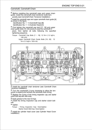 ENGINE TOP END 5-21
Camshaft, Camshaft Chain

• Before installing the camshafttensioner body tem-
guide, install the camshaft chain
                                  caps and upper chain

  porarily (see Camshaft Chain Tensioner Installation).
• Install the camshaft caps and upper camshaft chain guide [A]
as shown in the figure.
    Identification No. 1 ∼ 4 (Camshaft Cap) [B]
    Identification No. 1 ∼ 4 (Cylinder Head) [C]
•  First tighten the camshaft cap bolt [17, 18] and upper
chain guide bolts [19, 20] evenly to seat the camshaft in
  place, then tighten all bolts following the specified
  tightening sequence.
    Torque - Camshaft Cap Bolts [1 ∼ 18]: 12 N·m (1.2 kgf·m,
               106 in·lb)
            Upper Camshaft Chain Guide Bolts [19, 20]: 12
               N·m (1.2 kgf·m, 106 in·lb)




• Install the camshaft chain tensioner (see Camshaft Chain
Tensioner Installation).
• Turntothe crankshaft 2 turns clockwise chain timing. ten-
sioner expand and recheck the camshaft
                                           to allow the

• Replacecap with newof the timing inspection cap and starter
clutch bolt
            the O-ring
                         ones.
• Apply grease to the new O-rings.
• Install the timing inspection cap and starter clutch bolt
cap.
• Tighten:
    Torque - Timing Inspection Cap: Hand-tighten
            Starter Clutch Bolt Cap: Hand-tighten
• Install the cylinder head cover (see Cylinder Head Cover
Installation).
 