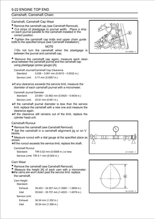 5-22 ENGINE TOP END
Camshaft, Camshaft Chain

Camshaft, Camshaft Cap Wear
• Remove the camshaft cap (see Camshaft Removal).
• Cut strips of plastigage to journal width. Place a strip
on each journal parallel to the camshaft installed in the
  correct position.
• Tighten the camshaft cap bolts and upper chain guide
bolts to the specified torque (see Camshaft Installation).
                            NOTE
    ○Do not turn the camshaft when the plastigage is
    between the journal and camshaft cap.

• Remove the camshaft cap again, the camshaft capclear-
ance between the camshaft journal and
                                      measure each

    using plastigage (press gauge) [A].
    Camshaft Journal/Camshaft Cap Clearance
      Standard:      0.038 ∼ 0.081 mm (0.0015 ∼ 0.0032 in.)
      Service Limit:   0.17 mm (0.0067 in.)

    If any clearance exceeds the service limit, measure the
    diameter of each camshaft journal with a micrometer.
    Camshaft Journal Diameter
      Standard:       23.940 ∼ 23.962 mm (0.9425 ∼ 0.9434 in.)
      Service Limit:   23.91 mm (0.941 in.)
    If the camshaft journal diameter is less than the service
    limit, replace the camshaft with a new one and measure the
    clearance again.
    If the clearance still remains out of the limit, replace the
    cylinder head unit.
Camshaft Runout
• Remove the camshaft (see Camshaft Removal).
•  Set the camshaft in a camshaft alignment jig or on V
blocks.
• Measure runout with a dial gauge at the specified place as
shown.
  If the runout exceeds the service limit, replace the shaft.
    Camshaft Runout
      Standard:     TIR 0.02 mm (0.0008 in.) or less
      Service Limit: TIR 0.1 mm (0.004 in.)

Cam Wear
•  Remove the camshaft (see Camshaft Removal).
•   Measure the height [A] of each cam with a micrometer.
If the cams are worn down past the service limit, replace
   the camshaft.
    Cam Height
      Standard:
        Exhaust        34.443 ∼ 34.557 mm (1.3560 ∼ 1.3605 in.)
        Inlet          35.643 ∼ 35.757 mm (1.4033 ∼ 1.4078 in.)
      Service Limit:
        Exhaust        34.34 mm (1.352 in.)
        Inlet          35.54 mm (1.399 in.)
 