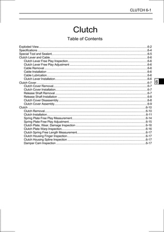 CLUTCH 6-1




                                                            Clutch
                                                      Table of Contents
Exploded View................................................................................................................................6-2
Specifications ................................................................................................................................6-4
Special Tool and Sealant................................................................................................................6-5
Clutch Lever and Cable...................................................................................................................6-6
   Clutch Lever Free Play Inspection.............................................................................................6-6
   Clutch Lever Free Play Adjustment ...........................................................................................6-6
   Cable Removal .........................................................................................................................6-6
   Cable Installation ......................................................................................................................6-6
   Cable Lubrication......................................................................................................................6-6
   Clutch Lever Installation............................................................................................................6-6
Clutch Cover...................................................................................................................................6-7      6
   Clutch Cover Removal...............................................................................................................6-7
   Clutch Cover Installation............................................................................................................6-7
   Release Shaft Removal ............................................................................................................6-7
   Release Shaft Installation .........................................................................................................6-8
   Clutch Cover Disassembly.........................................................................................................6-8
   Clutch Cover Assembly.............................................................................................................6-9
Clutch ..........................................................................................................................................6-10
   Clutch Removal.......................................................................................................................6-10
   Clutch Installation....................................................................................................................6-11
   Spring Plate Free Play Measurement.......................................................................................6-14
   Spring Plate Free Play Adjustment..........................................................................................6-15
   Clutch Plate, Wear, Damage Inspection ..................................................................................6-16
   Clutch Plate Warp Inspection...................................................................................................6-16
   Clutch Spring Free Length Measurement.................................................................................6-17
   Clutch Housing Finger Inspection............................................................................................6-17
   Clutch Housing Spline Inspection ............................................................................................6-17
   Damper Cam Inspection .........................................................................................................6-17
 