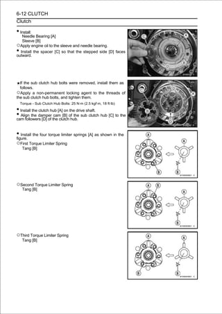 6-12 CLUTCH
Clutch

• Install:
   Needle Bearing [A]
   Sleeve [B]
○Apply engine oil to the sleeve and needle bearing.
• Install the spacer [C] so that the stepped side [D] faces
outward.




  If the sub clutch hub bolts were removed, install them as
  follows.
○Apply a non-permanent locking agent to the threads of
the sub clutch hub bolts, and tighten them.
    Torque - Sub Clutch Hub Bolts: 25 N·m (2.5 kgf·m, 18 ft·lb)

• Install the clutch hub [A] on the drive shaft.
• Align the damper the clutchof the sub clutch hub [C] to the
cam followers [D] of
                      cam [B]
                                 hub.


• Install the four torque limiter springs [A] as shown in the
figure.
○First Torque Limiter Spring
     Tang [B]




○Second Torque Limiter Spring
     Tang [B]




○Third Torque Limiter Spring
     Tang [B]
 