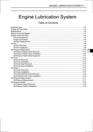 ENGINE LUBRICATION SYSTEM 7-1




               Engine Lubrication System
                                                      Table of Contents
Exploded View...............................................................................................................................7-2
Engine Oil Flow Chart.....................................................................................................................7-4
Specifications ................................................................................................................................7-6
Special Tools and Sealant ..............................................................................................................7-7
Engine Oil and Oil Filter..................................................................................................................7-8
    Oil Level Inspection...................................................................................................................7-8
    Engine Oil Change....................................................................................................................7-8
    Oil Filter Replacement ..............................................................................................................7-8
Oil Pan...........................................................................................................................................7-9
    Oil Pan Removal.......................................................................................................................7-9
    Oil Pan Installation....................................................................................................................7-9
Oil Pressure Relief Valve..............................................................................................................7-10
    Oil Pressure Relief Valve Removal..........................................................................................7-10                     7
    Oil Pressure Relief Valve Installation.......................................................................................7-10
    Oil Pressure Relief Valve Inspection........................................................................................7-11
Oil Pump......................................................................................................................................7-12
    Oil Pump Removal..................................................................................................................7-12
    Oil Pump Installation...............................................................................................................7-12
    Oil Pump Gear Removal.........................................................................................................7-13
    Oil Pump Gear Installation......................................................................................................7-13
Oil Cooler.....................................................................................................................................7-15
    Oil Cooler Removal.................................................................................................................7-15
    Oil Cooler Installation..............................................................................................................7-15
    Oil Cooler/Oil Filter Case Removal..........................................................................................7-16
    Oil Cooler/Oil Filter Case Installation.......................................................................................7-16
Oil Pressure Measurement...........................................................................................................7-17
    Oil Pressure Measurement .....................................................................................................7-17
Oil Pressure Switch ......................................................................................................................7-18
    Oil Pressure Switch Removal .................................................................................................7-18
    Oil Pressure Switch Installation ...............................................................................................7-18
 