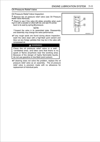 ENGINE LUBRICATION SYSTEM   7-11
Oil Pressure Relief Valve

Oil Pressure Relief Valve Inspection
•  Remove the oil pressure relief valve (see Oil Pressure
Relief Valve Removal).
•  Check to see if the valve [A] slides smoothly when push-
ing it in with a wooden or other soft rod, and see if it comes
  back to its seat by spring [B] pressure.
                            NOTE
    ○Inspect the valve in its assembled state. Disassembly
    and assembly may change the valve performance.
    If any rough spots are found during above inspection,
    wash the valve clean with a high-flash point solvent and
    blow out any foreign particles that may be in the valve with
    compressed air.
                           WARNING
    Clean the oil pressure relief valve in a well
    -ventilated area, and take care that there is no
    spark or flame anywhere near the working area.
    Because of the danger of highly flammable liquids,
    do not use gasoline or low-flash point solvent.
    If cleaning does not solve the problem, replace the oil
    pressure relief valve as an assembly. The oil pressure
    relief valve is precision made with no allowance for
    replacement of individual parts.
 