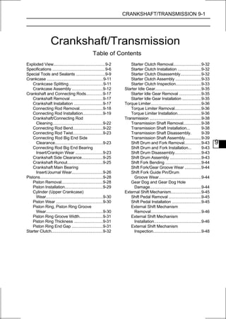 CRANKSHAFT/TRANSMISSION 9-1




                  Crankshaft/Transmission
                                                  Table of Contents
Exploded View............................................9-2          Starter Clutch Removal........................9-32
Specifications .............................................9-6       Starter Clutch Installation ....................9-32
Special Tools and Sealants .........................9-9               Starter Clutch Disassembly..................9-32
Crankcase ................................................9-11        Starter Clutch Assembly ......................9-33
    Crankcase Splitting.............................9-11              Starter Clutch Inspection......................9-33
    Crankcase Assembly ..........................9-12              Starter Idle Gear.......................................9-35
Crankshaft and Connecting Rods..............9-17                      Starter Idle Gear Removal ...................9-35
    Crankshaft Removal ...........................9-17                Starter Idle Gear Installation ................9-35
    Crankshaft Installation .........................9-17          Torque Limiter...........................................9-36
    Connecting Rod Removal....................9-18                    Torque Limiter Removal......................9-36
    Connecting Rod Installation.................9-19                  Torque Limiter Installation....................9-36
    Crankshaft/Connecting Rod                                      Transmission ............................................9-38
      Cleaning...........................................9-22         Transmission Shaft Removal...............9-38
    Connecting Rod Bend.........................9-22                  Transmission Shaft Installation...                    9-38
    Connecting Rod Twist.........................9-23                 Transmission Shaft Disassembly.                       9-39
    Connecting Rod Big End Side                                       Transmission Shaft Assembly..............9-39
      Clearance.........................................9-23          Shift Drum and Fork Removal..............9-43                9
    Connecting Rod Big End Bearing                                    Shift Drum and Fork Installation...                   9-43
      Insert/Crankpin Wear .......................9-23                Shift Drum Disassembly......................9-43
    Crankshaft Side Clearance..................9-25                   Shift Drum Assembly ..........................9-43
    Crankshaft Runout..............................9-25               Shift Fork Bending ..............................9-44
    Crankshaft Main Bearing                                           Shift Fork/Gear Groove Wear ..............9-44
      Insert/Journal Wear..........................9-26               Shift Fork Guide Pin/Drum
Pistons.....................................................9-28        Groove Wear....................................9-44
    Piston Removal...................................9-28             Gear Dog and Gear Dog Hole
    Piston Installation................................9-29             Damage............................................9-44
    Cylinder (Upper Crankcase)                                     External Shift Mechanism..........................9-45
      Wear................................................9-30        Shift Pedal Removal ...........................9-45
    Piston Wear ........................................9-30          Shift Pedal Installation .........................9-45
    Piston Ring, Piston Ring Groove                                   External Shift Mechanism
      Wear................................................9-30          Removal...........................................9-46
    Piston Ring Groove Width....................9-31                  External Shift Mechanism
    Piston Ring Thickness ........................9-31                  Installation........................................9-46
    Piston Ring End Gap ..........................9-31                External Shift Mechanism
Starter Clutch............................................9-32          Inspection.........................................9-48
 