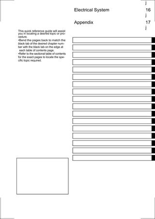 j
                                            Electrical System   16
                                                                j
                                            Appendix            17
                                                                j
This quick reference guide will assist
you in locating a desired topic or pro-
cedure.
•Bend the pages back to match the
black tab of the desired chapter num-
ber with the black tab on the edge at
 each table of contents page.
•Refer to the sectional table of contents
for the exact pages to locate the spe-
cific topic required.
 
