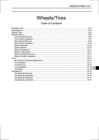 WHEELS/TIRES 10-1




                                              Wheels/Tires
                                                      Table of Contents
Exploded View.............................................................................................................................10-2
Specifications ..............................................................................................................................10-4
Special Tools ...............................................................................................................................10-5
Wheels (Rims).............................................................................................................................10-6
    Front Wheel Removal .............................................................................................................10-6
    Front Wheel Installation ..........................................................................................................10-7
    Rear Wheel Removal..............................................................................................................10-8
    Rear Wheel Installation...........................................................................................................10-8
    Wheel Inspection ..................................................................................................................10-10
    Axle Inspection.....................................................................................................................10-10
    Balance Inspection................................................................................................................10-11
    Balance Adjustment..............................................................................................................10-11
    Balance Weight Removal.......................................................................................................10-11
    Balance Weight Installation...................................................................................................10-11
Tires...........................................................................................................................................10-13
    Air Pressure Inspection/Adjustment.......................................................................................10-13
    Tire Inspection ......................................................................................................................10-13
    Tire Removal........................................................................................................................10-13
    Tire Installation.....................................................................................................................10-13
    Tire Repair ...........................................................................................................................10-15        10
Hub Bearing...............................................................................................................................10-16
    Hub Bearing Removal...........................................................................................................10-16
    Hub Bearing Installation........................................................................................................10-16
    Hub Bearing Inspection.........................................................................................................10-17
    Hub Bearing Lubrication .......................................................................................................10-17
 
