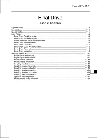 FINAL DRIVE 11-1




                                                  Final Drive
                                                    Table of Contents
Exploded View .............................................................................................................................11-2
Specifications ..............................................................................................................................11-4
Special Tools ................................................................................................................................11-5
Drive Chain...................................................................................................................................11-6
    Drive Chain Slack Inspection...................................................................................................11-6
    Drive Chain Slack Adjustment .................................................................................................11-6
    Wheel Alignment Inspection/Adjustment .................................................................................11-6
    Drive Chain Wear Inspection ...................................................................................................11-6
    Drive Chain Lubrication...........................................................................................................11-6
    Drive Chain Guide Wear Inspection.........................................................................................11-6
    Drive Chain Removal..............................................................................................................11-6
    Drive Chain Installation............................................................................................................11-8
Sprocket, Coupling .....................................................................................................................11-11
    Engine Sprocket Removal .....................................................................................................11-11
    Engine Sprocket Installation ..................................................................................................11-11
    Rear Sprocket Removal........................................................................................................11-12
    Rear Sprocket Installation......................................................................................................11-12
    Coupling Installation..............................................................................................................11-13
    Coupling Bearing Removal ...................................................................................................11-13
    Coupling Bearing Installation .................................................................................................11-13
    Coupling Bearing Inspection..................................................................................................11-14
    Coupling Bearing Lubrication.................................................................................................11-14               11
    Coupling Damper Inspection..................................................................................................11-14
    Sprocket Wear Inspection.....................................................................................................11-14
    Rear Sprocket Warp Inspection.............................................................................................11-15
 