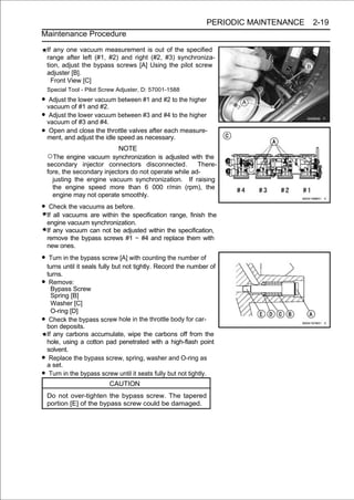 PERIODIC MAINTENANCE   2-19
Maintenance Procedure

    If any one vacuum measurement is out of the specified
    range after left (#1, #2) and right (#2, #3) synchroniza-
    tion, adjust the bypass screws [A] Using the pilot screw
    adjuster [B].
      Front View [C]
    Special Tool - Pilot Screw Adjuster, D: 57001-1588

• vacuumthe lower vacuum between #1 and #2 to the higher
   Adjust
          of #1 and #2.
• vacuumthe lower vacuum between #3 and #4 to the higher
   Adjust
          of #3 and #4.
• ment, and adjust the idle speed as necessary. measure-
   Open and close the throttle valves after each

                             NOTE
    ○The engine vacuum synchronization is adjusted with the
    secondary injector connectors disconnected.          There-
    fore, the secondary injectors do not operate while ad-
      justing the engine vacuum synchronization. If raising
      the engine speed more than 6 000 r/min (rpm), the
      engine may not operate smoothly.

• Check the vacuums as before.
    If all vacuums are within the specification range, finish the
    engine vacuum synchronization.
    If any vacuum can not be adjusted within the specification,
    remove the bypass screws #1 ∼ #4 and replace them with
    new ones.

• Turn in the bypass screw [A] with counting the number of
    turns until it seals fully but not tightly. Record the number of
    turns.
•    Remove:
      Bypass Screw
      Spring [B]
      Washer [C]
      O-ring [D]
•    Check the bypass screw hole in the throttle body for car-
    bon deposits.
    If any carbons accumulate, wipe the carbons off from the
    hole, using a cotton pad penetrated with a high-flash point
    solvent.
•    Replace the bypass screw, spring, washer and O-ring as
    a set.
•    Turn in the bypass screw until it seats fully but not tightly.
                           CAUTION
    Do not over-tighten the bypass screw. The tapered
    portion [E] of the bypass screw could be damaged.
 