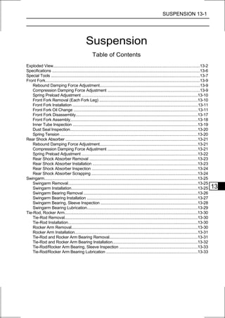 SUSPENSION 13-1




                                               Suspension
                                                     Table of Contents
Exploded View.............................................................................................................................13-2
Specifications ..............................................................................................................................13-6
Special Tools ...............................................................................................................................13-7
Front Fork....................................................................................................................................13-9
    Rebound Damping Force Adjustment......................................................................................13-9
    Compression Damping Force Adjustment ...............................................................................13-9
    Spring Preload Adjustment ...................................................................................................13-10
    Front Fork Removal (Each Fork Leg) ....................................................................................13-10
    Front Fork Installation ...........................................................................................................13-11
    Front Fork Oil Change ..........................................................................................................13-11
    Front Fork Disassembly........................................................................................................13-17
    Front Fork Assembly.............................................................................................................13-18
    Inner Tube Inspection ...........................................................................................................13-19
    Dust Seal Inspection.............................................................................................................13-20
    Spring Tension .....................................................................................................................13-20
Rear Shock Absorber .................................................................................................................13-21
    Rebound Damping Force Adjustment....................................................................................13-21
    Compression Damping Force Adjustment .............................................................................13-21
    Spring Preload Adjustment ...................................................................................................13-22
    Rear Shock Absorber Removal .............................................................................................13-23
    Rear Shock Absorber Installation ..........................................................................................13-23
    Rear Shock Absorber Inspection ...........................................................................................13-24
    Rear Shock Absorber Scrapping ...........................................................................................13-24
Swingarm...................................................................................................................................13-25
    Swingarm Removal...............................................................................................................13-25
    Swingarm Installation............................................................................................................13-25           13
    Swingarm Bearing Removal .................................................................................................13-26
    Swingarm Bearing Installation ...............................................................................................13-27
    Swingarm Bearing, Sleeve Inspection ...................................................................................13-28
    Swingarm Bearing Lubrication...............................................................................................13-29
Tie-Rod, Rocker Arm..................................................................................................................13-30
    Tie-Rod Removal..................................................................................................................13-30
    Tie-Rod Installation...............................................................................................................13-30
    Rocker Arm Removal............................................................................................................13-30
    Rocker Arm Installation.........................................................................................................13-31
    Tie-Rod and Rocker Arm Bearing Removal...........................................................................13-31
    Tie-Rod and Rocker Arm Bearing Installation.........................................................................13-32
    Tie-Rod/Rocker Arm Bearing, Sleeve Inspection ...................................................................13-33
    Tie-Rod/Rocker Arm Bearing Lubrication ..............................................................................13-33
 