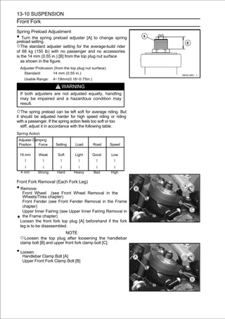 13-10 SUSPENSION
Front Fork

Spring Preload Adjustment
•   Turn the spring preload adjuster [A] to change spring
preload setting.
○The standard adjuster setting for the average-build rider
of 68 kg (150 lb) with no passenger and no accessories
is the 14 mm (0.55 in.) [B] from the top plug nut surface
   as shown in the figure.
    Adjuster Protrusion (from the top plug nut surface)
      Standard:        14 mm (0.55 in.)
      Usable Range:    4∼19mm(0.16∼0.75in.)

                            WARNING
    If both adjusters are not adjusted equally, handling
    may be impaired and a hazardous condition may
    result.

○The spring preload can be left soft for average riding. But
it should be adjusted harder for high speed riding or riding
with a passenger. If the spring action feels too soft or too
   stiff, adjust it in accordance with the following table.
Spring Action
 Adjuster Damping
 Position    Force       Setting    Load       Road       Speed

    19 mm     Weak        Soft      Light      Good       Low
      ↑          ↑         ↑          ↑          ↑         ↑
      ↓          ↓         ↓          ↓          ↓         ↓
    4 mm      Strong      Hard     Heavy       Bad        High

Front Fork Removal (Each Fork Leg)
• Remove:
      Front Wheel (see Front Wheel Removal in the
      Wheels/Tires chapter)
      Front Fender (see Front Fender Removal in the Frame
      chapter)
      Upper Inner Fairing (see Upper Inner Fairing Removal in
      the Frame chapter)
    Loosen the front fork top plug [A] beforehand if the fork
    leg is to be disassembled.
                             NOTE
    ○Loosen     the top plug after loosening the handlebar
    clamp bolt [B] and upper front fork clamp bolt [C].

• Loosen:
     Handlebar Clamp Bolt [A]
     Upper Front Fork Clamp Bolt [B]
 