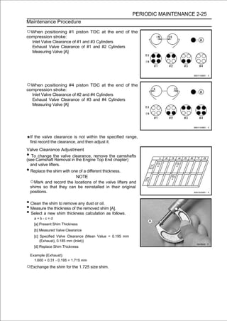 PERIODIC MAINTENANCE 2-25
Maintenance Procedure

○When    positioning #1 piston TDC at the end of the
compression stroke:
  Inlet Valve Clearance of #1 and #3 Cylinders
  Exhaust Valve Clearance of #1 and #2 Cylinders
  Measuring Valve [A]




○When    positioning #4 piston TDC at the end of the
compression stroke:
  Inlet Valve Clearance of #2 and #4 Cylinders
  Exhaust Valve Clearance of #3 and #4 Cylinders
  Measuring Valve [A]




    If the valve clearance is not within the specified range,
    first record the clearance, and then adjust it.
Valve Clearance Adjustment
• To change the valve clearance, remove the camshafts
(see Camshaft Removal in the Engine Top End chapter)
  and valve lifters.
• Replace the shim with one of a different thickness.
                          NOTE
  ○Mark and record the locations of the valve lifters and
  shims so that they can be reinstalled in their original
  positions.

• Clean the shim to remove any dust or oil.
• Measure the thickness of the removed shim [A].
• Select a new shim thickness calculation as follows.
      a+b-c=d
      [a] Present Shim Thickness
      [b] Measured Valve Clearance
      [c] Specified Valve Clearance (Mean Value = 0.195 mm
          (Exhaust), 0.185 mm (Inlet))
      [d] Replace Shim Thickness

    Example (Exhaust):
      1.600 + 0.31 - 0.195 = 1.715 mm
○Exchange the shim for the 1.725 size shim.
 