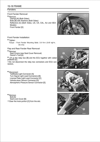 15-18 FRAME
Fenders

Front Fender Removal
• Remove:
   Clamps [A] (Both Sides)
   Bolts [B] with Washers (Both Sides)
   Reflectors [C] (Both Sides, US, CA, CAL, AU and SEA
   Models)
   Front Fender [D]




Front Fender Installation
• Tighten:
    Torque - Front Fender Mounting Bolts: 3.9 N·m (0.40 kgf·m,
               35 in·lb)

Flap and Rear Fender Rear Removal
• Remove:
   Seat Covers (see Seat Cover Removal)
   Owner’s Tool [A]
• Lift up the relay box [B] and the ECU together with rubber
protector [C].
○Do not disconnect the relay box connectors and ECU con-
nectors.



• Disconnect:
     Tail/Brake Light Connector [A]
     Turn Signal Light Lead Connectors [B]
     License Plate Light Lead Connector [C]
     Vehicle-down Sensor Connector [D]
     Atmospheric Pressure Sensor Connector [E]




• Remove:
  Bolt [A]
  Seat Lock Cover [B]
○Clear the hook portion [C] from the slot.
 
