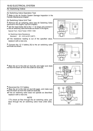 16-62 ELECTRICAL SYSTEM
Air Switching Valve

Air Switching Valve Operation Test
• Refer to the Air Suction System Damage Inspection in the
Periodic Maintenance chapter.
Air Switching Valve Unit Test
•  Remove the air switching valve (see Air Switching Valve
Removal in the Engine Top End chapter).
•  Set the hand tester [A] to the × 1 Ω range and connect it
to the air switching valve terminals as shown in the figure.
    Special Tool - Hand Tester: 57001-1394

    Air Switching Valve Resistance
       Standard: 20 ∼ 24 Ω at 20°C (68°F)
    If the resistance reading is out of the specified value,
    replace it with a new one.

• Connect the 12 V battery [A] to the air switching valve
terminals as shown.




• Blow the blown the from the duct [A], ductsmake sure does
not flow the
             air to
                    air
                        inlet air
                                  outlet air
                                             and
                                                 [B].




• Disconnect the 12 V battery.
• Blow the air air frominlet outlet air [A] again, and make sure
flow the blown
                to the
                        the
                             air duct
                                        ducts [B].
    If the air switching valve dose not operate as described,
    replace it with a new one.
                              NOTE
    ○To check air flow through the air switching valve, just
    blow through the air switching valve hose (inlet side)
    [C].
 