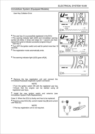 ELECTRICAL SYSTEM 16-89
Immobilizer System (Equipped Models)

     User Key Collation Error




• The user key 2 is successfully registered in the ECU.
○The warning indicator light (LED) and immobilizer warning
symbol [A] blinks 3 times and stops for 1 second and then
repeat this cycle to indicate successful programming of
  user key 2.
• Turn OFF the ignition switch and wait for period more than 15
seconds.
• The registration mode automatically ends.

• The warning indicator light (LED) goes off [A].




• Remove the keydiagnostic system connector.
immobilizer/Kawasaki
                     registration unit and connect         the

                             NOTE
    ○Turn the ignition switch ON with the registered user key.
    ○Check that the engine can be started using all
    registered user keys.

• Install the newParts Replacement).and
Immobilizer System
                   ignition switch                antenna (see

Case 3: When the ECU is faulty and has to be replaced.
• Prepare a new ECU [A], current master key [B] and current
user keys [C].
                              NOTE
    ○The key registration unit is not required.
 