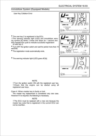 ELECTRICAL SYSTEM 16-93
Immobilizer System (Equipped Models)

   User Key Collation Error




• The user key 2 is registered in the ECU.
○The warning     indicator light (LED) and immobilizer warn-
ing symbol [A] blinks 3 times and stops for 1 second and
then repeats this cycle to indicate successful registration
  of user key 2.
• Turn OFF the ignition switch and wait for period more than 15
seconds.
• The registration mode automatically ends.

• The warning indicator light (LED) goes off [A].




                            NOTE
  ○Turn the ignition switch ON with the registered user key.
  ○Check that the engine can be started using all
  registered user keys.

Case 4: When master key is faulty or lost.
 The master key replacement is considered very rare case.
However if it is required, the following is necessary.
                            NOTE
  ○The ECU must be replaced with a new one because the
  master key code that is registered in the current ECU can
  not be rewritten.
 