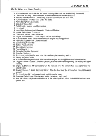 APPENDIX 17-15
Cable, Wire, and Hose Routing

  1. Run the radiator fan motor and left switch housing leads over the air switching valve hose.
  2. Left Switch Housing Lead Connector (Cover the connector in the dust boot.)
  3. Radiator Fan Motor Lead Connector (Cover the connector in the dust boot.)
  4. Run the radiator overflow hose under the leads.
  5. Air Switching Valve Connector
  6. Stick Coil Connectors
  7. Right Switch Housing Lead Connectors
  8. Horn Lead
  9. Immobilizer Antenna Lead Connector (Equipped Models)
 10. Ignition Switch Lead Connector
 11. Crankshaft Sensor Lead Connector
 12. Engine Subharness #2 Connector (To Throttle Body Assy)
 13. Run the starter motor cable over the middle engine mounting portion.
 14. Rear Brake Light Switch Lead Connector
 15. Starter Relay Connector
 16. Battery Positive Cable
 17. Clamp (Main Harness)
 18. Frame Ground 1
 19. Regulator/Rectifier Connector
 20. Boss for Positioning
 21. Run the regulator/rectifier lead over the middle engine mounting portion.
 22. Battery Negative Cable
 23. Run the battery negative cable over the middle engine mounting portion and alternator lead.
 24. Oxygen Sensor #2 Lead Connector (Black) (Run the lead over the primary fuel hose.) (Equipped
     Models)
 25. Engine Subharness #1 Connector (Run the harness over the primary fuel hose.) (To Gear Po-
     sition Switch)
 26. Oxygen Sensor #1 Lead Connector (Gray) (Run the lead over the primary fuel hose.) (Equipped
     Models)
 27. Run the stick coil #1 lead under the air switching valve hose.
 29. Sidestand Switch Lead (Run the lead under the primary fuel hose.)
 30. Run the battery negative cable outside of the motorcycle so that it does not cross the frame
     ground lead.
 