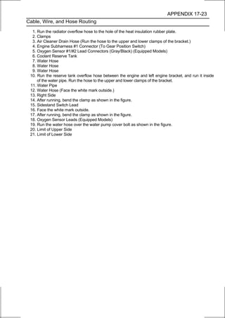 APPENDIX 17-23
Cable, Wire, and Hose Routing

  1. Run the radiator overflow hose to the hole of the heat insulation rubber plate.
  2. Clamps
  3. Air Cleaner Drain Hose (Run the hose to the upper and lower clamps of the bracket.)
  4. Engine Subharness #1 Connector (To Gear Position Switch)
  5. Oxygen Sensor #1/#2 Lead Connectors (Gray/Black) (Equipped Models)
  6. Coolant Reserve Tank
  7. Water Hose
  8. Water Hose
  9. Water Hose
 10. Run the reserve tank overflow hose between the engine and left engine bracket, and run it inside
     of the water pipe. Run the hose to the upper and lower clamps of the bracket.
 11. Water Pipe
 12. Water Hose (Face the white mark outside.)
 13. Right Side
 14. After running, bend the clamp as shown in the figure.
 15. Sidestand Switch Lead
 16. Face the white mark outside.
 17. After running, bend the clamp as shown in the figure.
 18. Oxygen Sensor Leads (Equipped Models)
 19. Run the water hose over the water pump cover bolt as shown in the figure.
 20. Limit of Upper Side
 21. Limit of Lower Side
 
