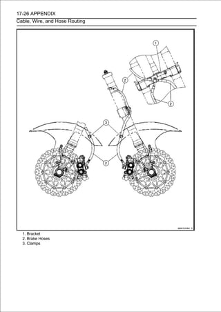 17-26 APPENDIX
Cable, Wire, and Hose Routing




  1. Bracket
  2. Brake Hoses
  3. Clamps
 
