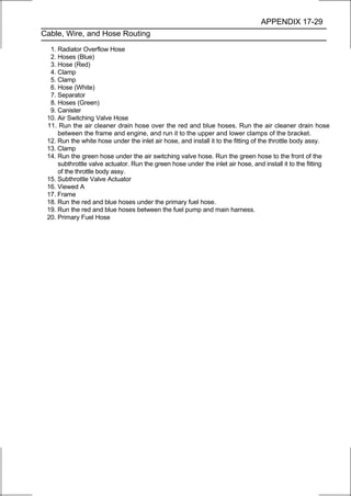 APPENDIX 17-29
Cable, Wire, and Hose Routing

  1. Radiator Overflow Hose
  2. Hoses (Blue)
  3. Hose (Red)
  4. Clamp
  5. Clamp
  6. Hose (White)
  7. Separator
  8. Hoses (Green)
  9. Canister
 10. Air Switching Valve Hose
 11. Run the air cleaner drain hose over the red and blue hoses. Run the air cleaner drain hose
     between the frame and engine, and run it to the upper and lower clamps of the bracket.
 12. Run the white hose under the inlet air hose, and install it to the fitting of the throttle body assy.
 13. Clamp
 14. Run the green hose under the air switching valve hose. Run the green hose to the front of the
     subthrottle valve actuator. Run the green hose under the inlet air hose, and install it to the fitting
     of the throttle body assy.
 15. Subthrottle Valve Actuator
 16. Viewed A
 17. Frame
 18. Run the red and blue hoses under the primary fuel hose.
 19. Run the red and blue hoses between the fuel pump and main harness.
 20. Primary Fuel Hose
 